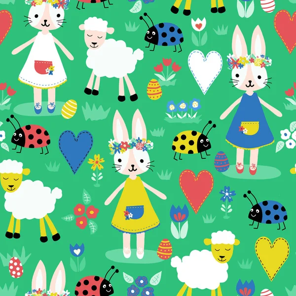 Cute Easter pattern with bunnies, sheep, ladybugs, hearts, eggs and flowers in bright colors. Seamless vector holiday background. Hand drawn cute illustration for fabric, wrapping, Easter decor, card. — Stock Vector