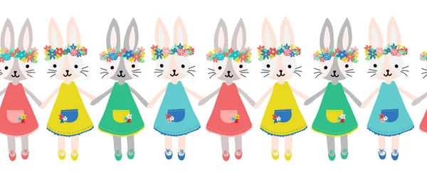 Słodkie króliczki bez szwu wektor granicy. Powtarzający się wzór Happy Easter życzy króliczkom z koronami kwiatów trzymających się za ręce. Użyj do kart wakacyjnych, banery, wstążki, wykończenie tkaniny, dzieci nosić. — Wektor stockowy