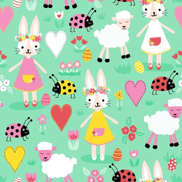 Vector seamless repeating childish pattern with cute bunnies ladybugs sheep eggs heart on a turquoise green pastel background. Design for a nursery, printing cards, on fabric, children clothes — Stock Vector