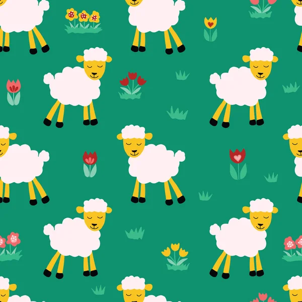 Patrón sin costuras con ovejas sobre fondo verde. Repetir los niños vector de fondo. Lindo animal ilustración cordero y flores para la tela, textil, papel de embalaje. Ilustración vectorial. — Vector de stock