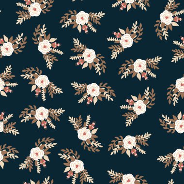 Beyaz, eski, çiçekli güller siyah, pürüzsüz vektör desenli gelin gülleri. Tekrarlayan romantik retro çiçek arka planı koyu. Kumaş, duvar kağıdı, ev dekorasyonu için Ditsy çiçek desenli İskandinav düz tarzı.