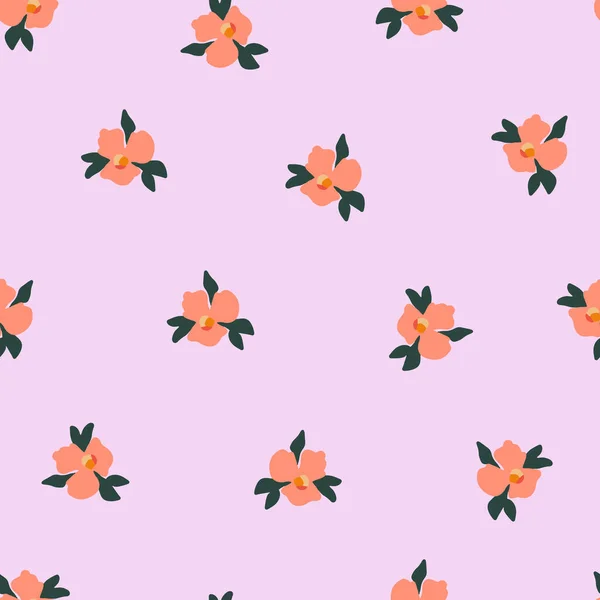 Ditsy pansy flowers seamless vector pattern. Delicate orange small scattered flowers on a pink background. Cute romantic Folk art flowers for fabric, nursery, home decor, wallpaper, spring decor. — Stock Vector