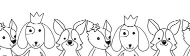 Sevimli hayvan çocuklar, boyasız sınır çizimleri, siyah beyaz. Çocuklar, sanat tasarım köpekleri ve taç çiçekleri. Taslak karalama köpekleri. Kart, davetiye, renkli gömlek, davetiye, doğum günü partisi.