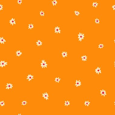 Kusursuz beyaz çiçekli arka plan. Çiçek deseni turuncu üzerine küçük çiçekler. Ditsy parmak izi. Kusursuz bir doku. Tekstil, moda, kumaş, duvar kâğıdı, yaz baharı için yüzey deseni tasarımı.