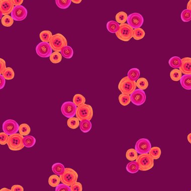 Pembe turuncu, mor, çiçeksiz desen. Burgundy Bordeaux arka planda tekrarlanan boyanmış çiçekler. Modern Ditsy baskısı. Tekstil, moda, kumaş, duvar kağıdı, yaz için kusursuz yüzey deseni tasarımı.