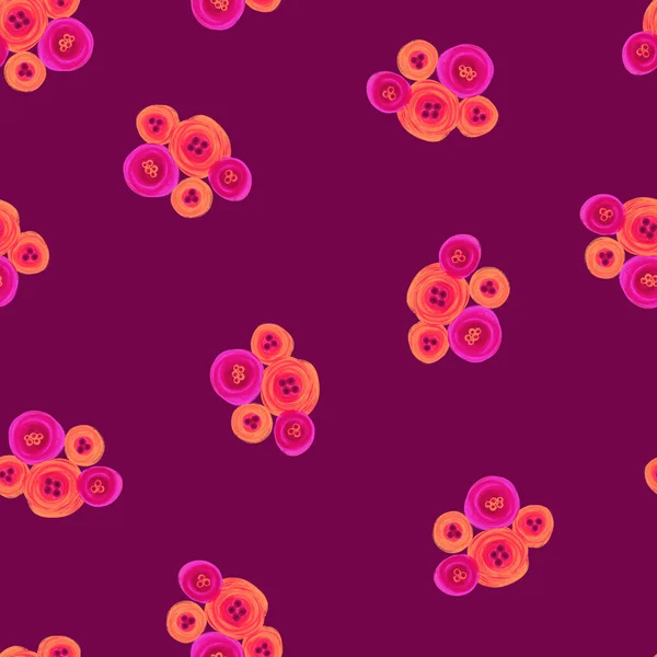 Rose orange violet motif floral sans couture. Fleurs peintes répétant fond bordeaux bordeaux. Tirage moderne Ditsy. Conception de motifs de surface sans couture pour le textile, la mode, le tissu, le papier peint, l'été. — Photo