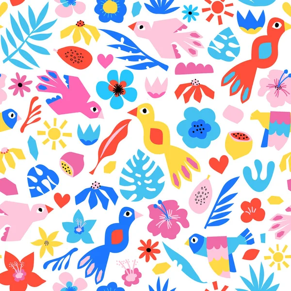 Seamless vector pattern tropical birds flowers leaves. Cute repeating children background pink blue red yellow white. Playful tropical kids design for fabric, fashion, wallpaper, kids room decor. — Stock Vector