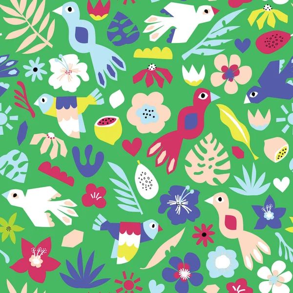 Sevimli kuşlar, kusursuz çocuklar vektör desenli. Arka planda tekrarlanan tropikal kuşlar çiçekler meyve yeşili mavi sarı beyaz bırakırlar. Çocuklar için oyuncu tasarım kumaş, duvar kağıdı, çocuk odası dekorasyonu, yaz.. — Stok Vektör