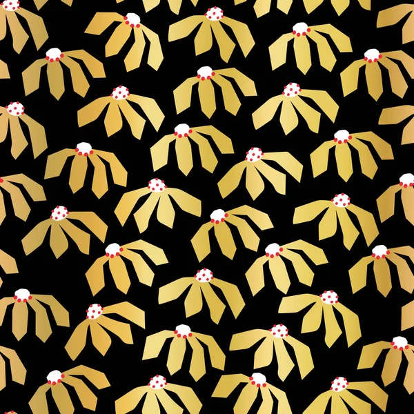 Varrat nélküli arany fólia virág vektor minta. Fémes fényes arany virágok fekete ismétlődő mintával. Botanikai minimalista firka virágok. Elegáns háttér. — Stock Vector
