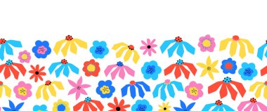 Kusursuz Çiçeksiz sınır kırmızı, mavi, pembe. Tekrarlayan sevimli çiçek desenli İskandinav tarzı soyut kağıt yaz dekoru, kumaş süslemesi, dipnot, tebrik kartı, afişler için çiçek kesiyor..