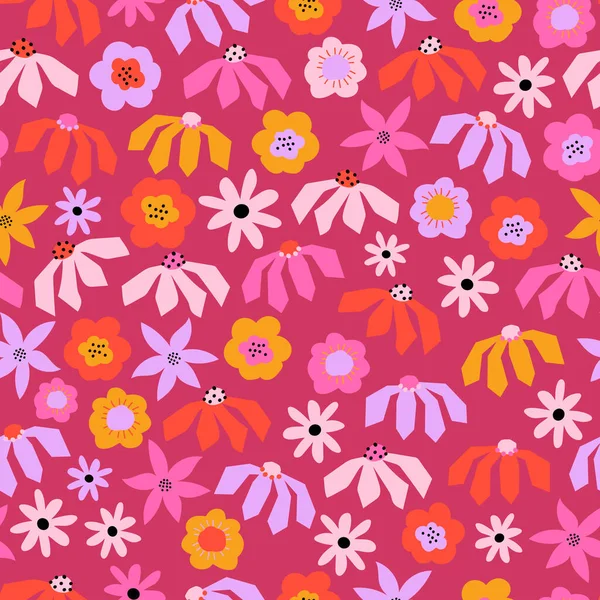 Modèle vectoriel sans couture fleurs abstraites rose rouge violet bordeaux marron. Motif répétitif floral pour papier peint, tissu de mode, textiles, décor à la maison. Modèle de surface vectorielle dessinée à la main — Image vectorielle