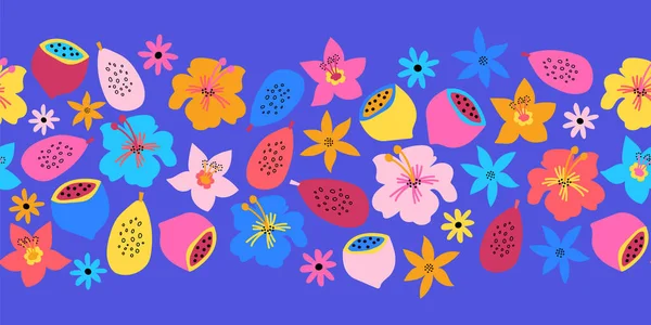 Seamless border summer fruit flower border. Repeating cute floral horizontal kids vector background Scandinavian style. Abstract exotic tropical flower, lemons for summer decor, footer, cards, banner — Stock Vector