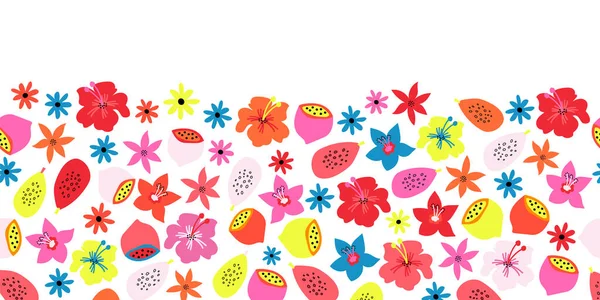 Fruit Flower summer border seamless vector pattern. Repeating cute floral horizontal kids background Scandinavian style. Abstract pink blue yellow tropical flowers, lemons for decor, footer, cards. — Stock Vector