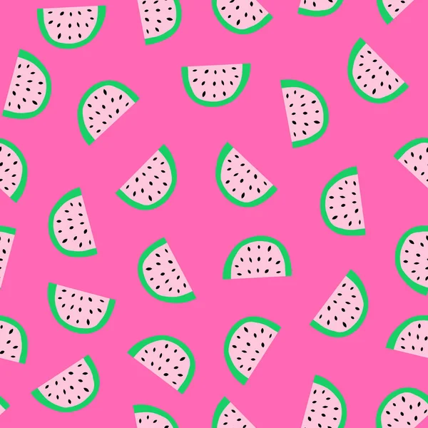 Nahtlose Vektormuster-Wassermelonenscheiben auf rosa Hintergrund. Wassermelonen im Hintergrund. Scandinavian style cute summer fruit surface pattern design für Stoff, Tapete, Verpackung, Kinderbekleidung. — Stockvektor