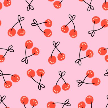 Kirazsız vektör deseni. El çizimi basit kirazlar. Pembe arka planda kırmızı. Yazın meyve arkaplanı karalama tarzını tekrarlıyorum. Kumaş, duvar kâğıdı, mutfak dekorasyonu için yüzey deseni tasarımı.