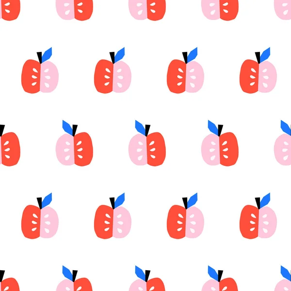 Niedliche Äpfel nahtlose Vektormuster. Wiederholende Hintergrund mit skandinavischen Äpfeln rosa rot blau. Handgezeichnete Oberflächenmuster für Stoff, Kindermode, Tapeten, Küchendekor, Verpackung. — Stockvektor