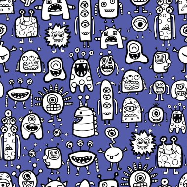 Garip canavarlar ve uzaylı çizgi film stilinde kusursuz bir desen. Çocuk yinelenen vektör arkaplan boyama kitap tarzı kumaş tasarımı için sevimli karakterler, duvar kağıdı, ambalaj, çocuklar.