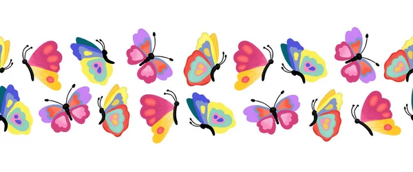 Butterfly seamless border. Repeating horizontal pattern painted butterflies. Colorful insects banner for fabric trim, frame, footer, header, ribbons. High quality photo. — Stock Photo, Image