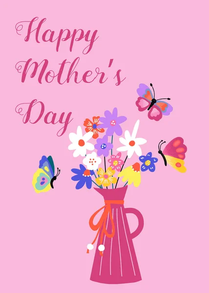 Happy Mothers Day greeting card template flower vase butterflies. Floral vase butterfly drawing Mothers day holiday greeting card. Hand drawn cute illustration pink purple. High quality photo. — Stock Photo, Image