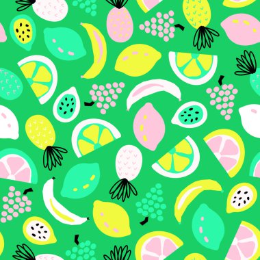Tropikal yaz meyvesiz vektör deseni yeşil sarı pembe. Sevimli egzotik parlak renkli arka plan İskandinav tarzını tekrarlıyor. Soyut ananas, limon, muz yaz dekoru, kumaş, moda.