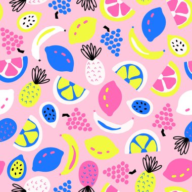 Yaz meyvesi pürüzsüz vektör desenli mavi sarı pembe. Sevimli egzotik parlak renkli arka plan İskandinav tarzını tekrarlıyor. Soyut tropik ananas, limon, muz yaz dekoru, kumaş.