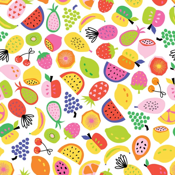 Patrón de fruta sin costura dibujado a mano. Vector repetir fondo para tela de verano colorido. Linda ensalada de frutas saludables papel abstracto corte estilo piña limón plátano manzana naranja fresa uvas de cereza. — Archivo Imágenes Vectoriales