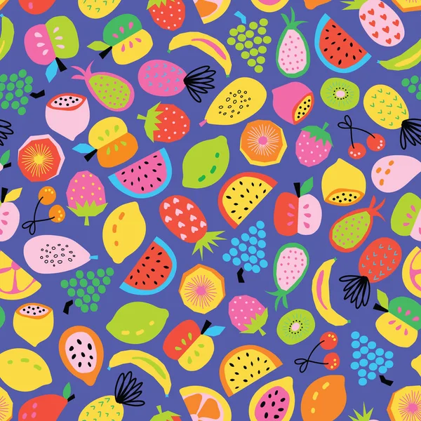 Naadloze fruitvector patroon. Herhaal de hand op de achtergrond getekend voor kleurrijke zomerstof. Schattig gezond fruit salade abstract papier gesneden stijl ananas citroen banaan appel sinaasappel aardbeien kersen druiven. — Stockvector