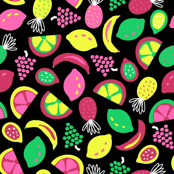 Patrón vectorial inconsútil de fruta negro verde amarillo rosado. Repetir fondo lindo exótico brillante colorido. Piña abstracta, limones, plátano para la decoración de verano, tela, moda. — Vector de stock