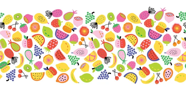 Fruit seamless border vector. Repeating horizontal pattern colorful cute healthy fruit salad. Abstract pineapple lemon banana apple orange strawberry cherry grapes for fabric trim, footer, banner. — Stock Vector