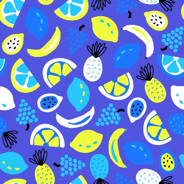 Patrón vectorial sin costura Tropical Fruit azul blanco amarillo. Repetir brillante fondo de verano exótico. Piña abstracta, limones, plátano para la decoración de verano, tela, moda. — Vector de stock