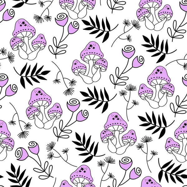 Seamless vector repeat pattern mushroom fungi flowers and leaves. Line art mushrooms plants repeating background. Nature texture for fabric, wrapping, surface pattern design