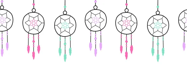 Seamless dreamcatchers border vector illustration. Hand drawn dream catchers repeating horizontal header pattern — Stock Vector