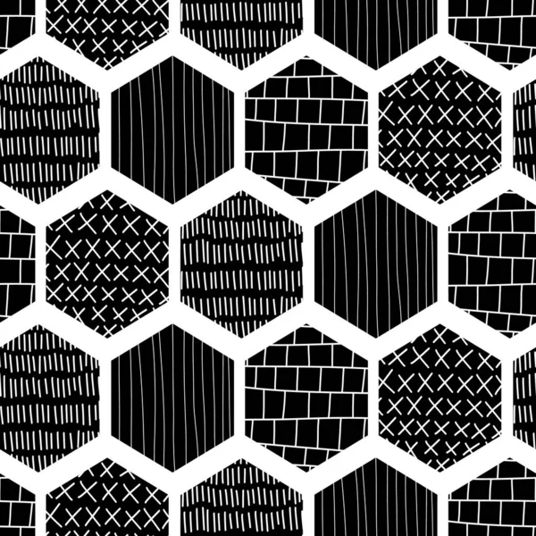 Vector texturizado hexágono patrón inconsútil abstracto. Repetir fondo con formas de hexágono negro sobre blanco dibujado a mano aislado. Patrón hipster monocromo — Vector de stock