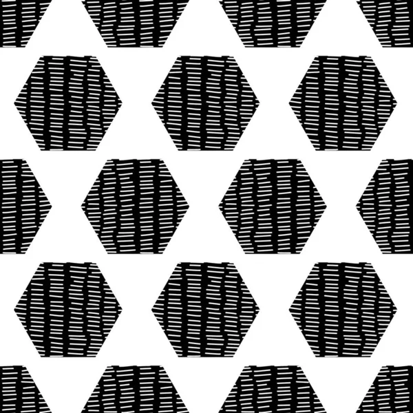 Hexagones abstractos geométricos sin costura vector fondo negro sobre blanco. Patrón repetitivo con forma de hexágono de textura de garabato negro sobre blanco dibujado a mano aislado. Patrón hipster monocromo garabato — Vector de stock