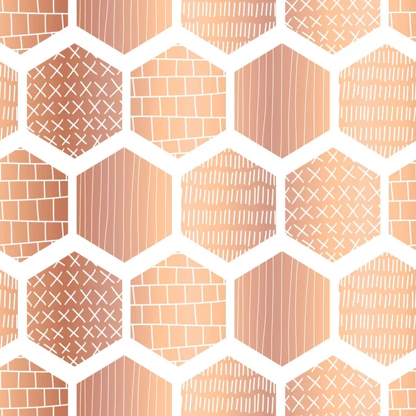 Cobre hexágono padrão vetor sem costura. Metálico subiu folha de ouro abstrato formas favo de mel geométricas com mão desenhado textura doodle. Repetindo fundo moderno para tecido, papel de parede, envoltório. —  Vetores de Stock