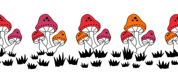 Nahtloser Vektorrand Pilze schwarz rot weiß. Line Art Pilze pflanzen horizontal wiederholende Muster. Natur-Textur für Stoffbesatz, Fußzeile, Kopfzeile, Trennwand, Banner, Bänder, Klebebänder. — Stockvektor