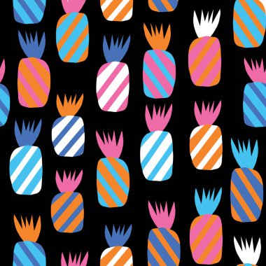 Ananas soyut, dikişsiz vektör deseni. Tekrarlayan renkli tropikal arka plan pembe mavi turuncu siyah beyaz. El yapımı egzotik meyveler kumaş için modern kağıt kesim biçimi, yaz dekorasyonu