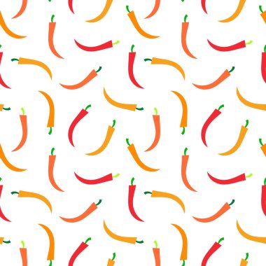 Kırmızı biberli, dikişsiz vektör deseni. Cayenne acı biberi arka planda tekrarlanıyor. Meksika egzotik baharatlı, dikişsiz desen. El yapımı gıda çizimi, ambalaj, kumaş, tekstil. Vektör illüstrasyonu.