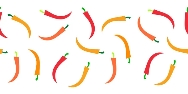 Chili fronteira vetor sem emenda pimenta. Cayenne pimenta quente repetindo padrão horizontal. Banner picante quente exótico mexicano. Ilustração de comida desenhada à mão, rodapé, cabeçalho, guarnição de tecido, decoração de menu, cozinha. — Vetor de Stock