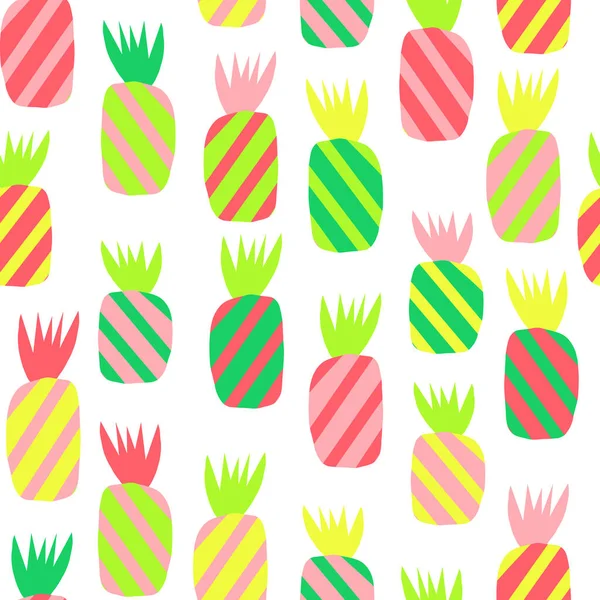 Patrón de vector de piñas sin costura. Repetir colorido fondo tropical rosa verde amarillo blanco. Fruta exótica dibujada a mano aislada estilo moderno corte de papel. Para la tela, decoración de verano. — Vector de stock