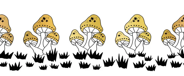 Бесшовные векторные золотые грибы. Линия арт-грибов металлическая золотая фольга текстура горизонтальной повторяющейся картины. Используется для колонтитулов, заголовков, разделителей, баннеров, лент, лент воздуховодов. — стоковый вектор