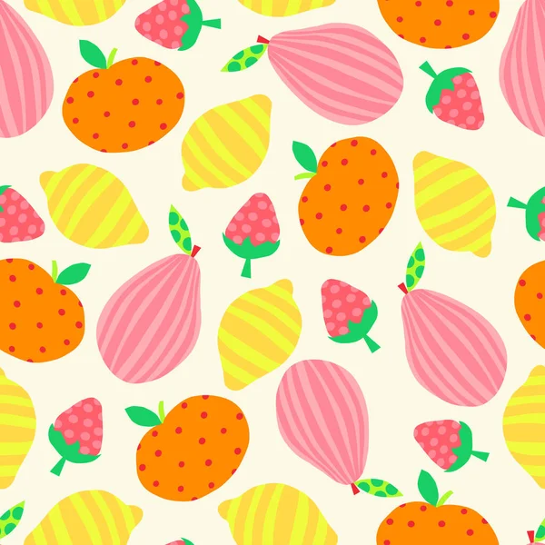 Zomer Fruit naadloze vector patroon. Abstract peer appel citroen aardbei herhalen achtergrond schattig helder kleurrijk. Voor de zomer decor, stof, mode, kinderen slijtage, keuken, oppervlakte patroon ontwerp. — Stockvector