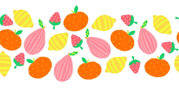 Sommerfrucht nahtloser Vektorrand. Abstrakte Birne Apfel Zitrone Erdbeere wiederholt horizontale Muster niedlich hell bunt. Für Sommerdekor, Stoffbesatz, Fußteil, Header, Sommerfest, lädt ein — Stockvektor