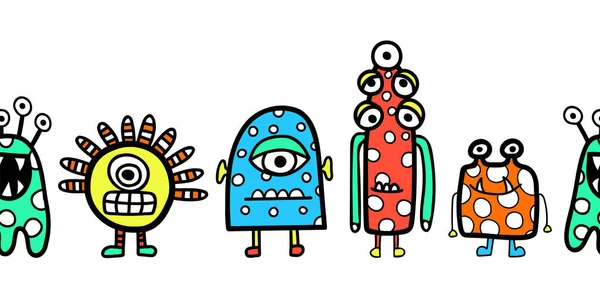 Barn gränsar till söta främmande monster robot sömlös vektor. Upprepa horisontellt mönster för barn. Banner design för tyg trim, kort inredning, Halloween, kostym fest, födelsedag, sidfot, header, avdelare. — Stock vektor