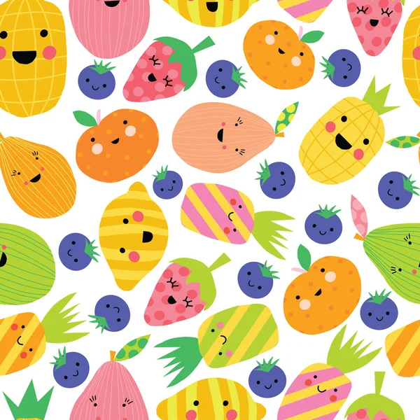 Niedliche Frucht nahtlose Vektormuster. Wiederholen Hintergrund lächelnde Früchte im Cartoon-Stil. Lustige Kinder Kawaii Textur mit Obst Zeichen. Smiley Zitronenbeeren Ananas Erdbeere Orange Erdbeere. — Stockvektor