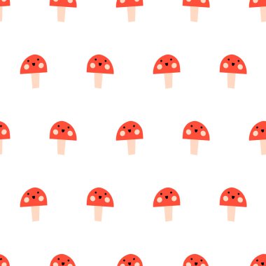Zehirli mantarlar kusursuz vektör çocuklar gibi gülümsüyor. Gülen yüzlü arka plan mantarları çok şirin. Kumaş, ambalaj, çocuk giyimi, çocuk dekorasyonu, bebek bakımı için yüzey tasarımı.