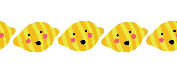 Limones Borde sin costuras con cara sonriente feliz. Repetir el patrón Kawaii horizontal para niños. Decoración de frutas de dibujos animados. Niños sanos de la fruta Ilustración, cabecera, pie de página, cinta adhesiva, ajuste de la tela, bandera. — Archivo Imágenes Vectoriales