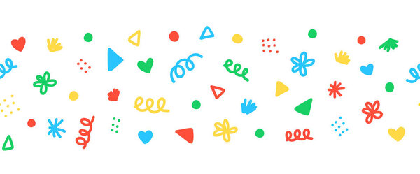 Seamless border with colorful decorative scribble shapes party sprinkles. Repeating horizontal banner vector pattern doodle shapes. Use as footer, divider, ribbon, trim, party decor, kids party.