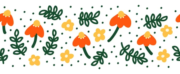 Einfache abstrakte handgezeichnete Blumen und Doodle Blätter nahtlose Grenze. Botanical Nature Blumen und Blätter zeitgenössische moderne trendige skandinavische Vektor Elemente Illustration für Banner, Trimm, Fuß. — Stockvektor
