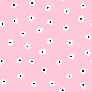 Beyaz, dikişsiz, vektör arka plan pembesi çiçekler. Çiçek tekrarlayan desen küçük çiçekler. Ditsy parmak izi. Moda, tekstil, kumaş, duvar kâğıdı, yaz baharı için kusursuz yüzey deseni tasarımı